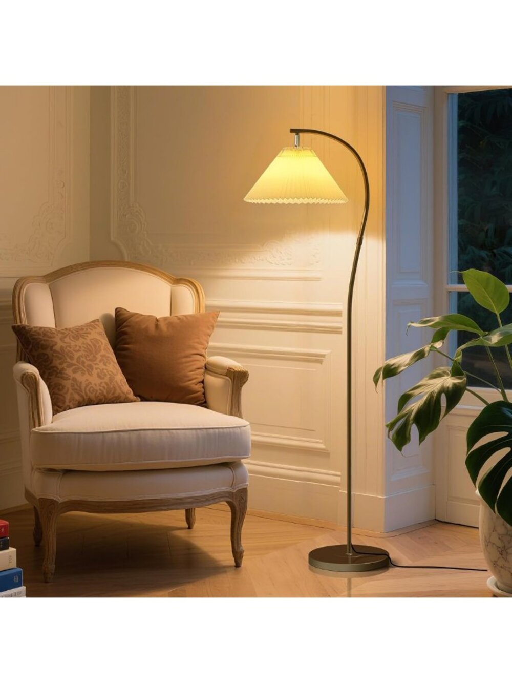 Stylish Black Arc Floor Lamp with Pleated Shade, 12W Bulb & 3-Color Dimming